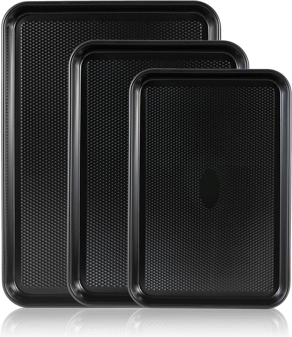 SS&CC Nonstick Baking Sheet Pan Set of 3, 0.8mm Carbon Steel Cookie Sheets for Oven - Half/Quarter/Jelly Roll Pans with Diamond Texture, PFOA-Free & Oven Safe (17.5x12, 15.5x10.2, 13.5x9.5 Inch) (Black)