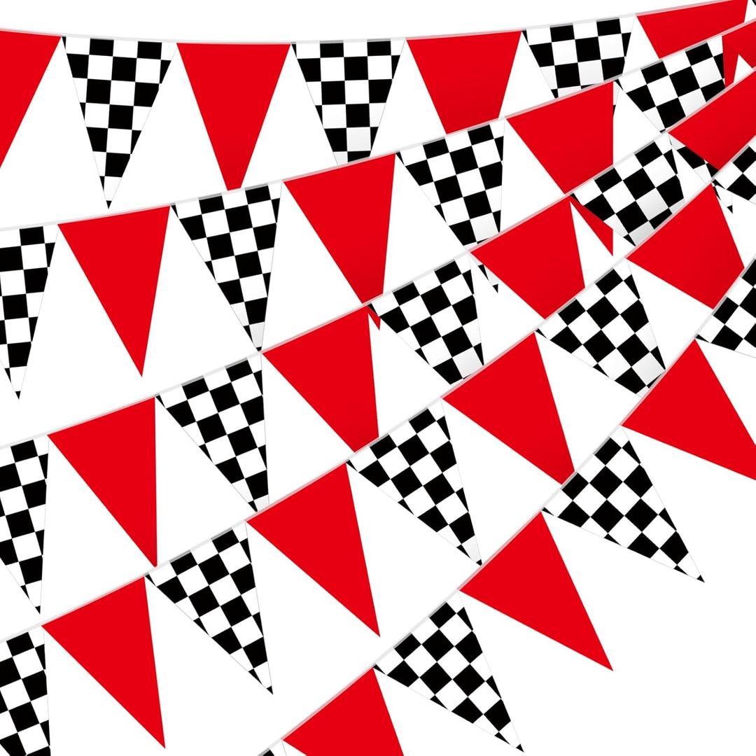 Tiamon 5 Pcs Racing Car Flag Banner Party Decorations Red Black White Checkered Triangle 49.2 Ft Flag Race Car Pennant Banner Garland Streamer for Birthday Baby Shower 2nd Two Fast Party Supply