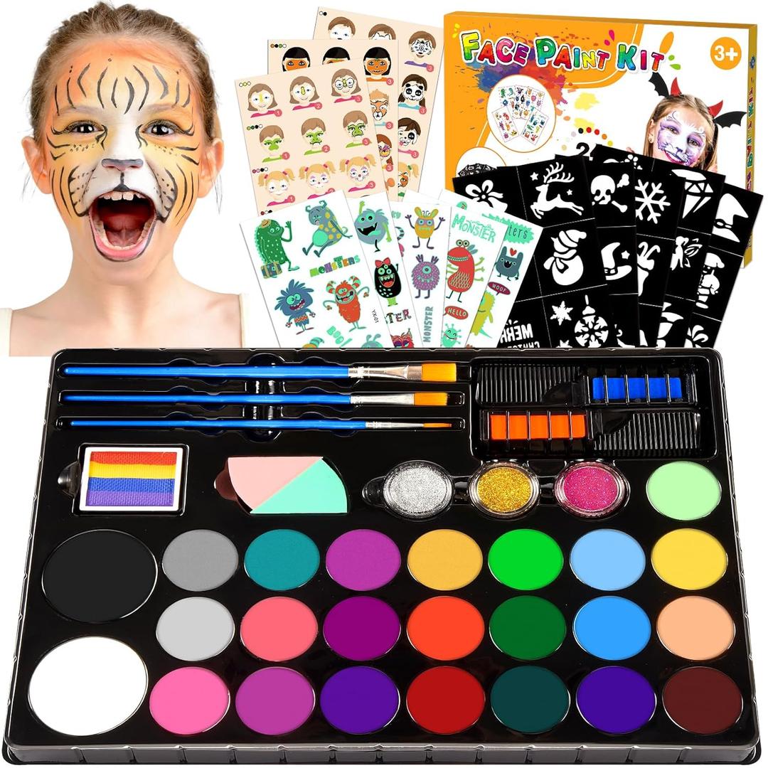 Face Painting Kit for Kids, 24 Colors Water Based Non-Toxic Face Paint with Stencils & Brushes, Professional Body Makeup Set with Guide Book, Washable Face & Body Paint for Halloween Birthday Parties