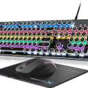 Typewriter Mechanical Gaming Keyboard and Mouse, Metal Panel Retro Keyboards with Round Keycap Blue Switch, Rainbow LED Backlit 104-Key Anti-Ghost Wired Mouse and Pad Combo for PC Laptop Mac Gamer