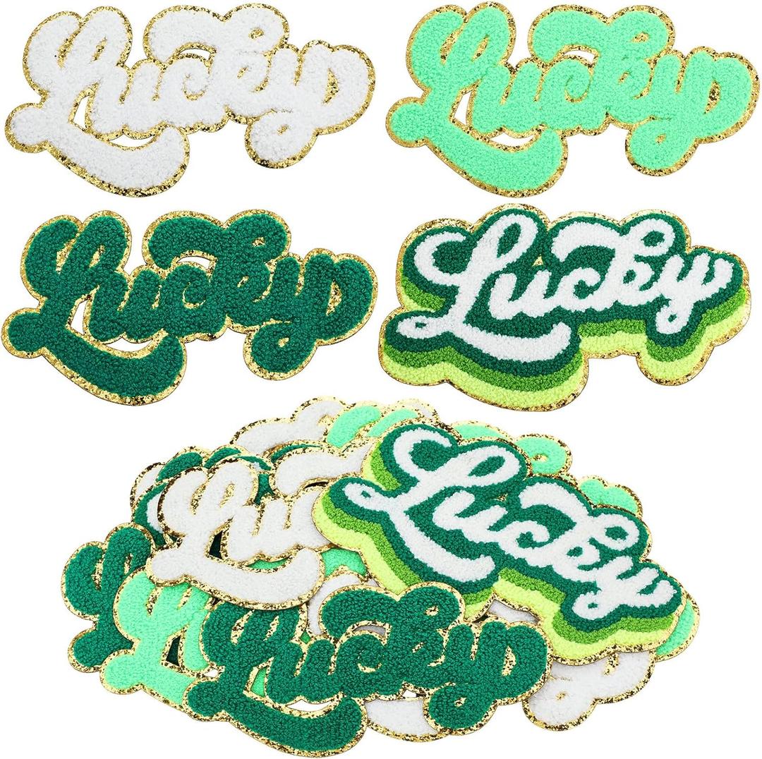 Chuangdi 12 Pcs Lucky Chenille St. Patrick's Day Iron on Patches Bulk 7.8 Inch Green White Self Adhesive Sew on Chenille Letter Irish Festival Embroidered Applique Patches for Clothing DIY Crafts