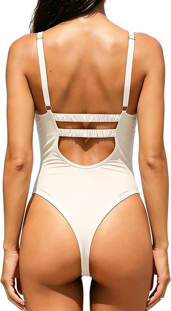 SherryDC Women's Sexy High Cut Thong One Piece Swimsuit V Neck Ruched Tummy Control Bathing Suit Swimwear, Large