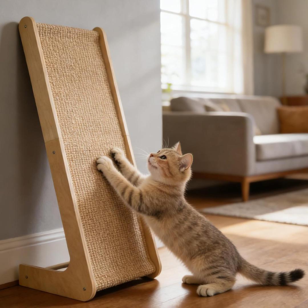 L-Shaped Cat Scratching Board with Sisal and Wooden Frame, Wall Mounted Scratcher Pad with Ball Toy for Indoor Cats, 28.2 Inch (28.2inch)
