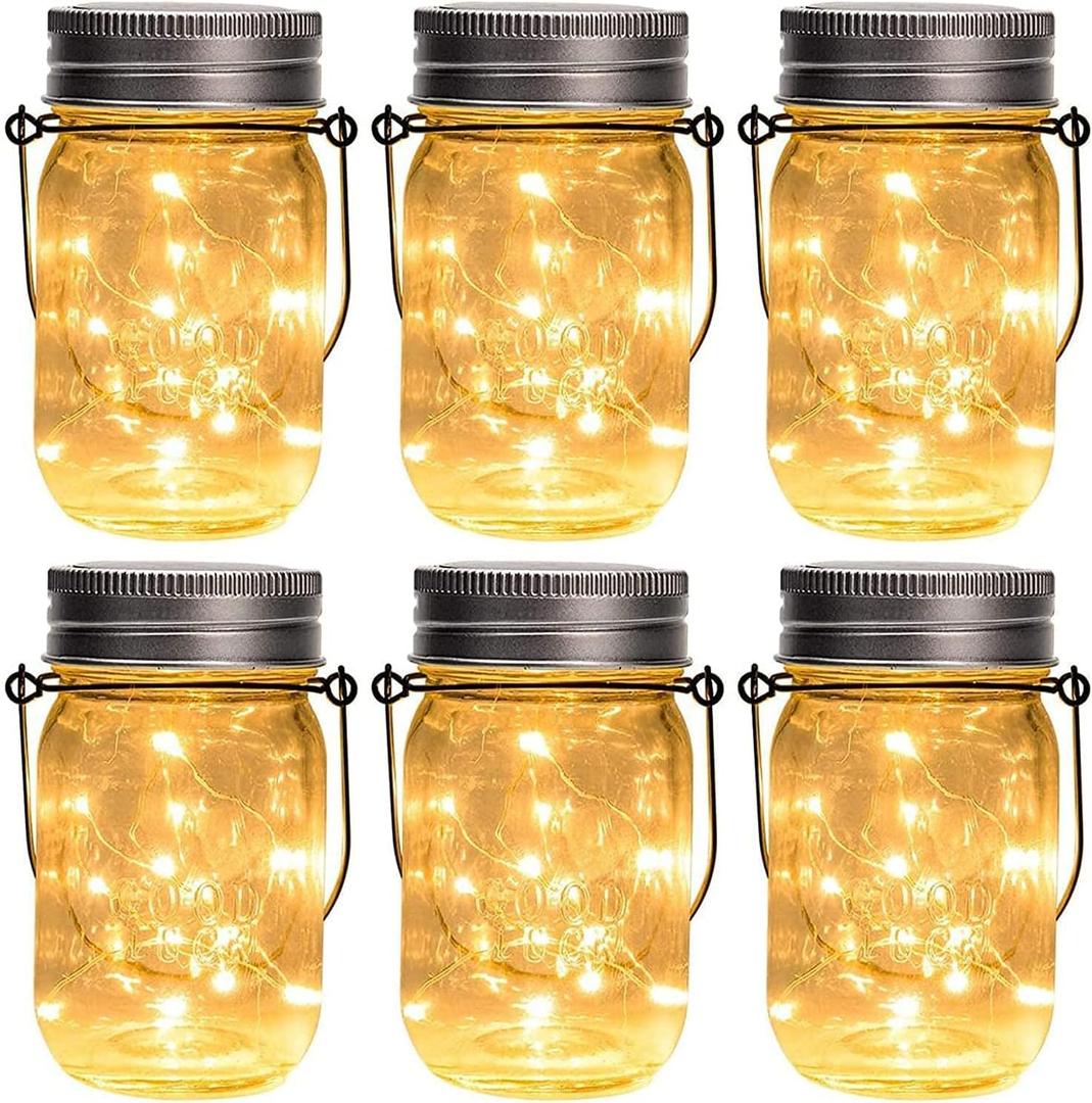 GIGALUMI Hanging Mason Jar Solar Lights, 6 Pack 30 Led Hanging Solar Lanterns Outdoor Waterproof, Hangers and Jars Included, Outdoor Decor for Balcony, Garden, Patio, Yard, Wedding