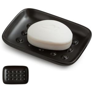 Soap Dish, Ceramic Soap Holder Shower Soap Dish for Bar Soap Sponge, Soap Saver Tray for Bathroom Kitchen Sink, Black