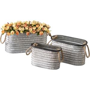 SOFE Rustic Galvanized Tub Small Oval Planter Set of 3, Planters for Indoor Plants, Metal Bucket with Rope Handles, Farmhouse Indoor Plant Pot Home Decor for Outdoor Garden