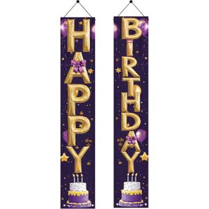 2PCS Happy Birthday Hanging Banner Porch Sign Purple Gold Balloon Letter Birthday Party Supplies Decorations Door Wall for Girls Women Adults Kids Children Classroom 71 x 12 Inch