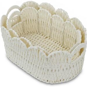 Coeusy Paper Rope Scalloped Basket Set of 2,Hand-woven Storage Baskets for Shelves,Nursery,Books,Toys,Cute Boho Decor Baskets for Organizing,White