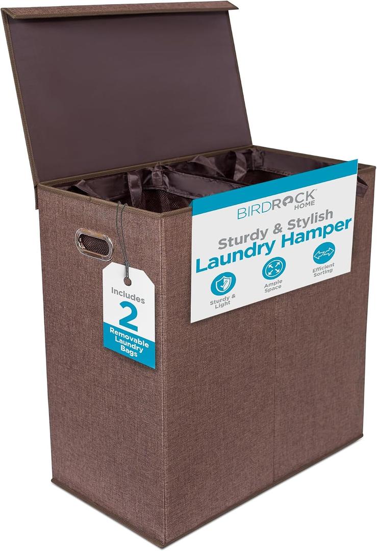BIRDROCK HOME Laundry Hamper with Lid | Removable Bags for Sorting Clothes | Sectioned Laundry Basket for Bedroom & Bathroom | Collapsible Storage Bin with Cover | Double, Brown, 1 Count
