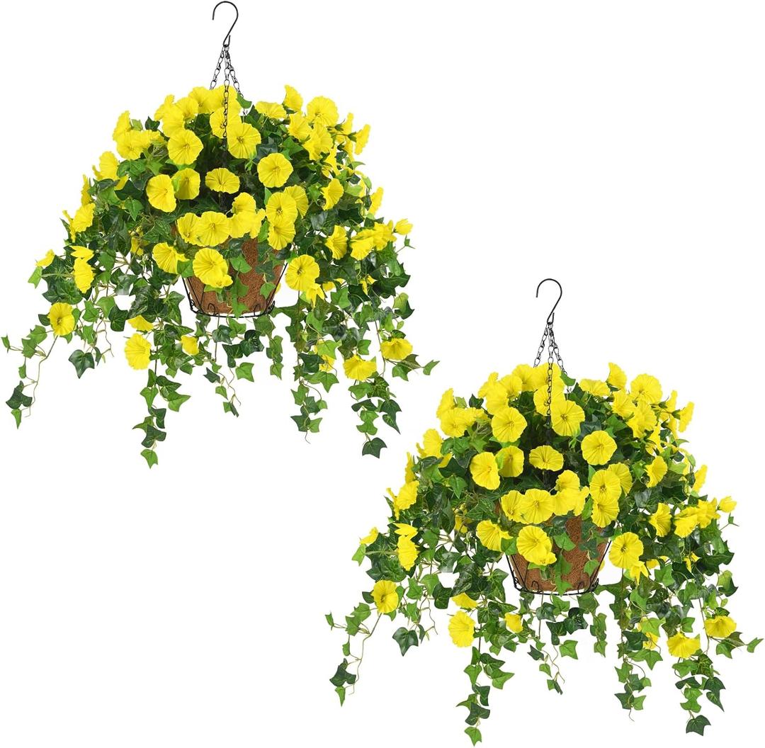 Waipfaru 2 Pack Artificial Hanging Baskets with Flowers, Faux Hanging Plants Outdoors, Urn Fillers for Outside Summer Decor (Yellow)