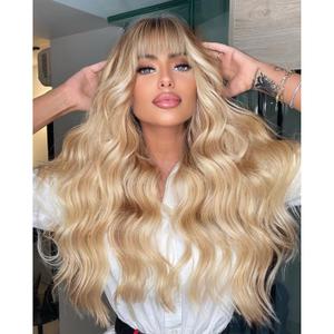 Long Blonde Wigs with Bangs Ombre Blond Wavy Wig for Women Curly Synthetic Heat Resistant Hair Wig for Party Cosplay Daily Use