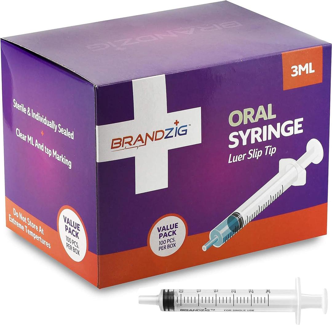 Brandzig 3ml Syringe - 100 Pack  Luer Slip Tip, No Needle, Individually Blister Packed - Medicine Administration for Infants, Toddlers and Small Pets