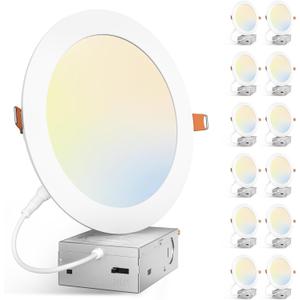Amico 12 Pack 7 Inch 5CCT Ultra-Thin LED Canless Recessed Ceiling Light with Junction Box, 2700K/3000K/3500K/4000K/5000K Selectable, 15W=100W, 1300LM High Brightness, Dimmable Wafer Downlight, ETL&FCC