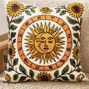 Embroidered Throw Pillow Covers 18x18 Inch - Summer Boho Decorative Pillow Cover with Zipper for Living Room Couch Sofa Bed Aesthetic Design Sunflower Moon Linen Cushion Pillowcase