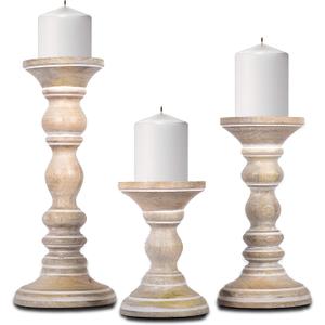 Mela Artisans Whitewash Wood Candle Holders for Pillar Candles Set of 3 | Willow Decor Style for Mantles | White Mango Wood Farmhouse Candle Holders | Rustic Wooden Candleholder | Sized 6", 9" and 12"