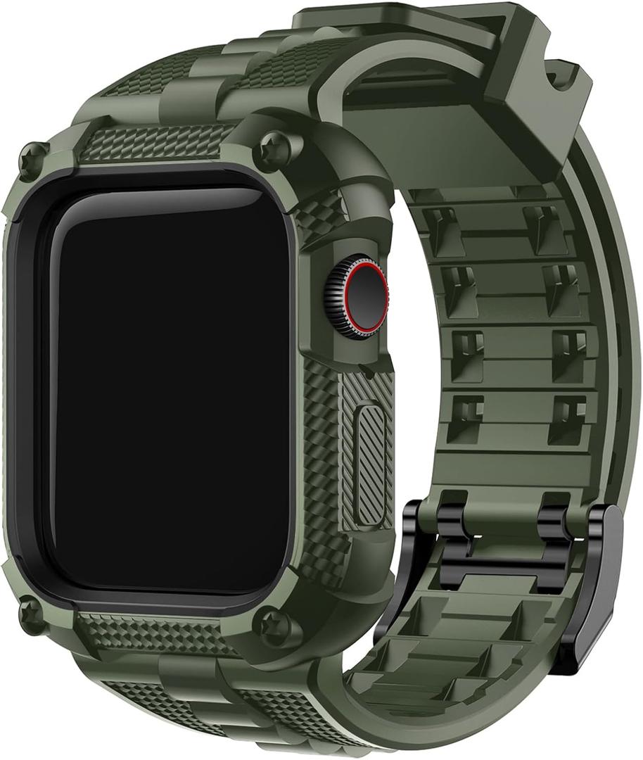 Fullmosa Compatible with Apple Watch Bands 45mm 44mm Series 9/8/7/6/5/4/SE3/SE2/SE, TPU Rugged iWatch Strap Military Grade Shockproof Bumper Case for Men Women, Army Green