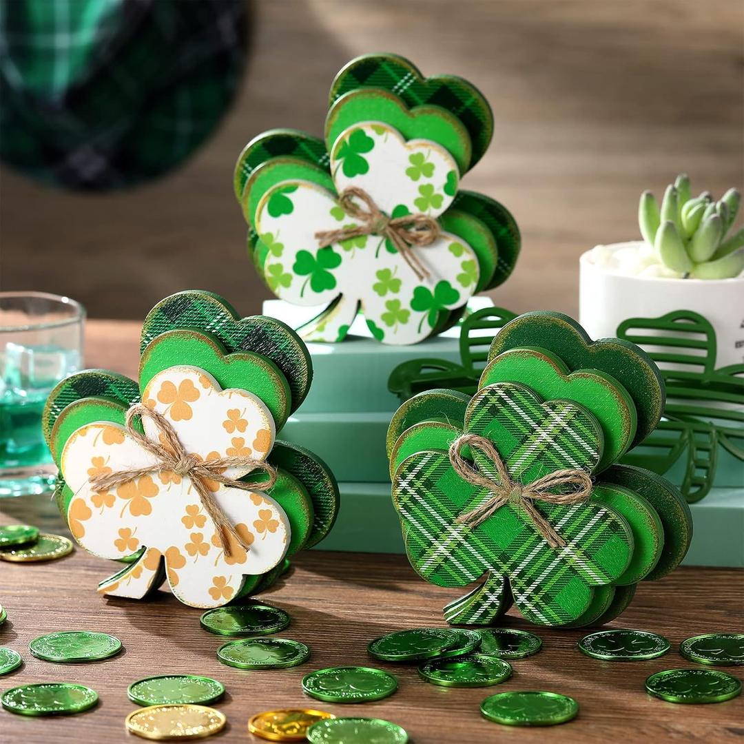 Ferraycle 3 Pcs St Patrick's Day Clover Decor Irish Wooden Tiered Tray Decor Shamrocks Block Signs Happy St. Patrick's Day Centerpiece for Tables Irish Wooden Sign for Home Kitchen