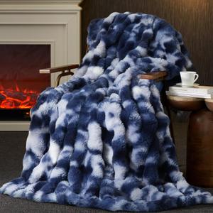Amlie Home Faux Fur Throw Blanket for Couch, Ultra Soft Fuzzy Plush Bubble Throw for Sofa, Living Room & Home Decor, 50"x60", Tie-dye Blue