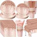 Funnymoom 452 Pcs Rose Gold Party Supplies Birthday Decorations Include Glitter Rose Gold Paper Plates and Napkins Cups Tablecloth Cutlery Straws Disposable Tableware Set for Women Birthday