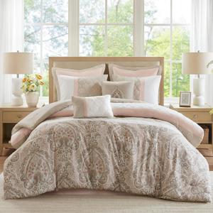 510 DESIGN Luxe Quilted Comforter Set Modern Transitional Design, All Season Down Alternative Warm Bedding Matching Shams, Bedskirt, Decorative Pillow, Queen, Shawnee Scrollwork Blush