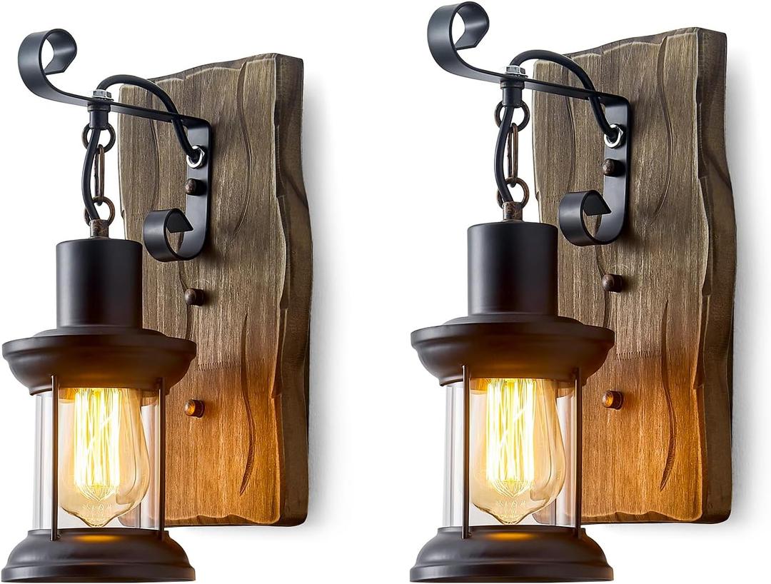 Rustic Industrial Wall Sconces, Black Metal Lantern with Wood Backplate, Farmhouse Indoor Light Fixture for Dining Room, Hallway, Porch, 2pack