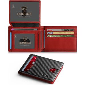 RUNBOX Wallet for Men Slim Rfid Leather 2 ID Window With Gift Box | Slim, Rfid, 2 ID Window, With Gift Box, Slim, RFID (Carbon Black & Red-New)
