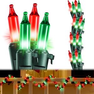1 Pcs 9' 300 Bulb Christmas Garland String Lights, Incandescent Christmas Connectable Garland Indoor Outdoor Lights for Patio Banisters Columns Xmas Tree Decor (Red/Green Lamps, Green Wire)