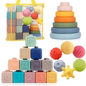 Montessori Toys Soft Stacking Building Blocks Rings Balls Sets 3 in 1 Baby Toys Bundle for Babies Sensory for Toddlers Teething Bath for Infants Learning Education Toy