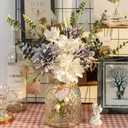 Der Rose Fake Flowers in Vase Silk Artificial Navy Blue Flowers Arrangements with Glass Vase for Dinning Coffee Table Centerpieces Home Kitchen Farmhouse Wedding Decor