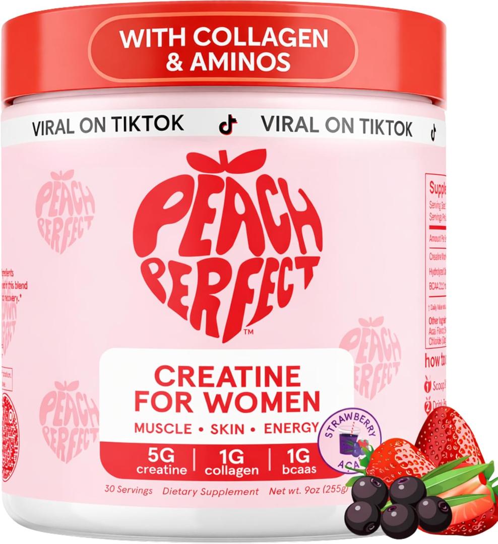 Peach Perfect Creatine for Women – Micronized Creatine Monohydrate Powder with BCAA & Collagen for Glute Strength Support, Boost Energy, Focus, Strength, and Endurance – Strawberry Acai, 30 Servings. exp date 02/2028