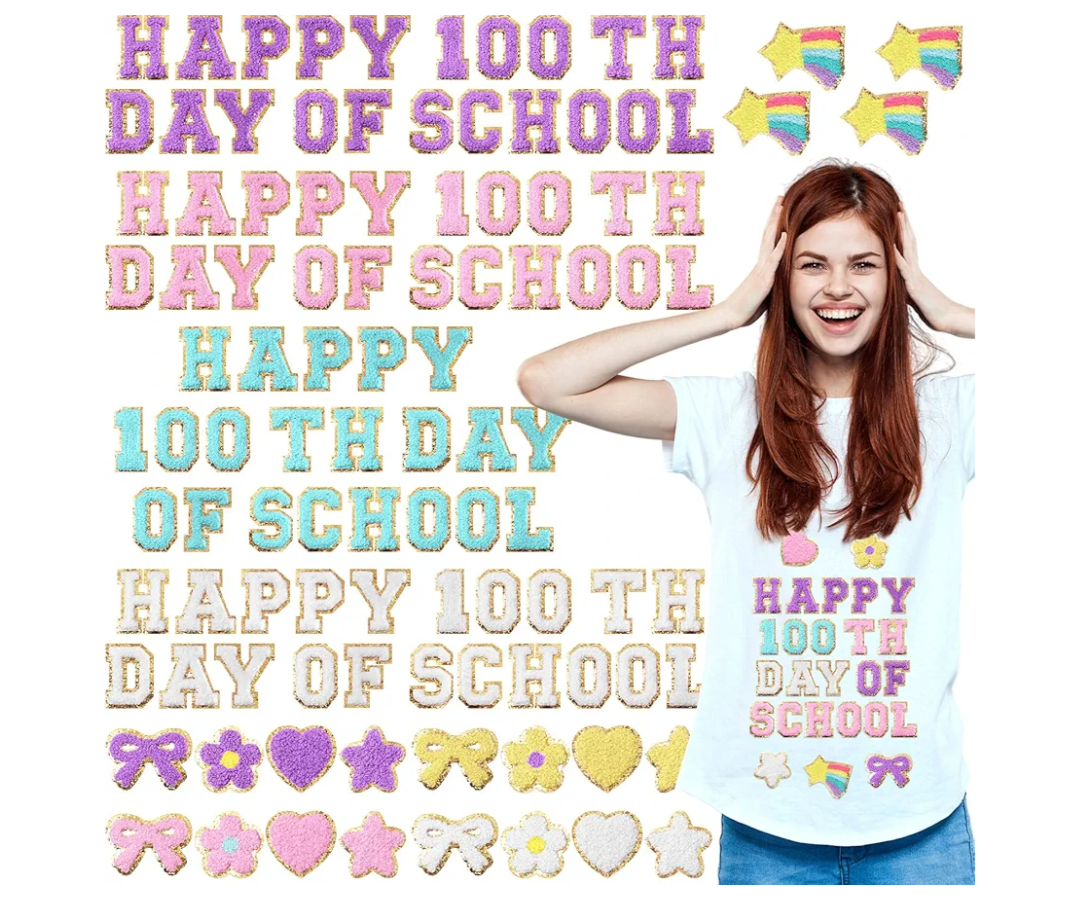 Yungyan 104 Pcs 100 Day of School DIY Shirt Letter Patches Chenille Selfadhesive for Teacher Backpack Cloth Preppy Embroidery Sticker Cute Star Heart Rainbow Patch Craft Hat Iron on Activity Supplies
