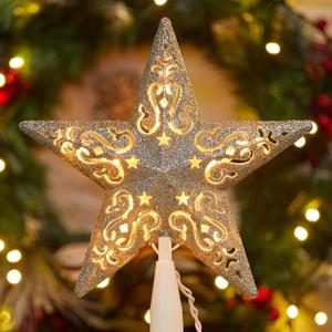 8” Christmas Star Tree Topper Silver Glittered Hollow 3D Christmas Tree Star Topper Built in 10 Bulbs String Lights Treetop Plug in (4 Bulbs 2 Fuses Spare) for Holiday Decor Tree Decorations
