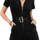 Women's Corduroy Mini Dress Short Sleeve Lapel Zip Up Belted Cowgirl Dresses with Pockets, Size: L
