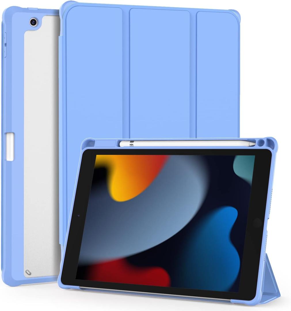 OKP for iPad 9th/8th/7th Generation Case (2021/2020/2019), iPad 10.2 inch Cases with Trifold Stand, Slim ipad 9/8/7 th gen Cover with Pencil Holder for Kids Women Men, Clear Back Shell, Sky Blue