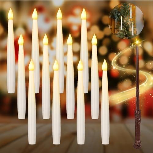 Jivoxia 12PCS Flameless Candles, Floating Candles with Wand for Christmas Tree Decor, LED Candle Battery Operated for Xmas Wedding Home Birthday Party with Crystal Hook and Clips