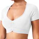 TAYOEA Crop Tops Workout for Women Yoga Short Sleeve Shirts Seamless V-Neck Gym T Shirts with Built in Pads (White, S)