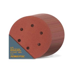 POWERTEC 40 Grit, 100 Pack, 6 Inch Sanding Discs Hook and Loop, 6-Hole Aluminum Oxide Orbital Sander Pads, Woodworking Round Sandpaper for Random Orbital, Air, Pneumatic & DA Sanders (45204-P4)