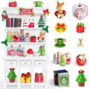 BEIREG Dollhouse Miniatures Accessories 1/12 Scale, 34pcs White Wooden Bookshelf Furniture Kit  Mini Books&Gift Boxes, Candy Jars, Christmas Tree&hat, Dollhouse Christmas Decorations for Kids