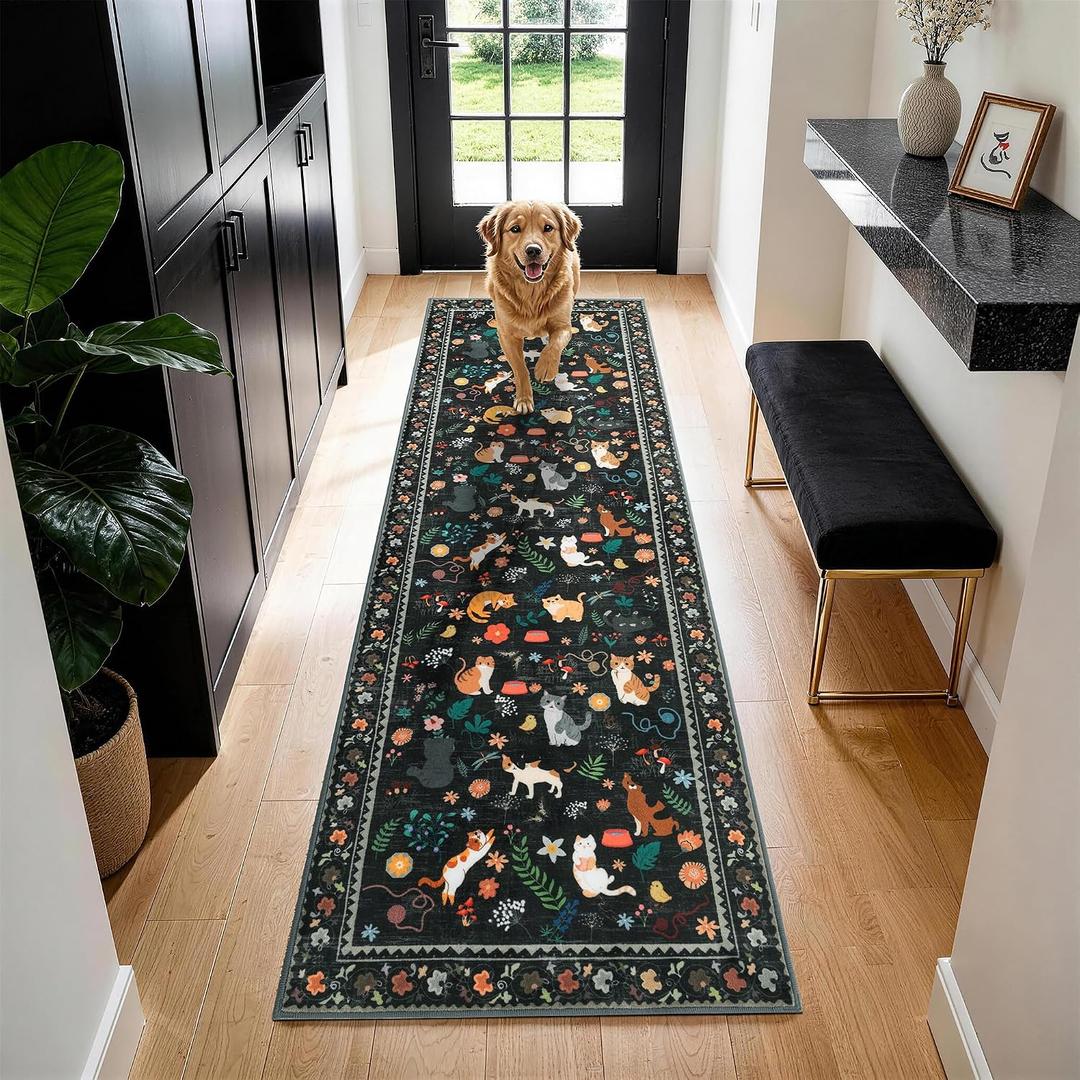LIANLAM 2.7x8 Washable Runner Rug for Hallway&Kitchen,Non-Slip Long Carpet with Cat Design,Ultra-Thin Low Pile - 10((2.7x8,Black)
