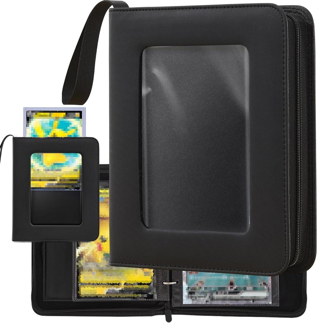 Jumbo Card Binder with Display Window Oversized Card Storage Album, Fits L & XL Jumbo Cards, 3-Ring Zipper Binder with Support Dividers, Holds 100 Jumbo Cards, Blcak