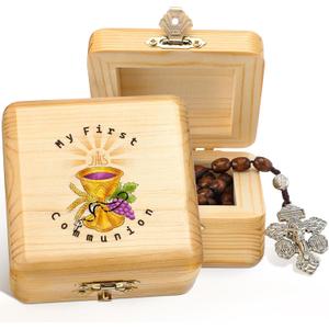 Wonderjune First Communion Wooden Keepsake Box First Holy Communion Gift Cross Rosary Jewelry Box Baptism Gift Memory Storage Box(3.5 x 3.5 x 1.5 Inches)
