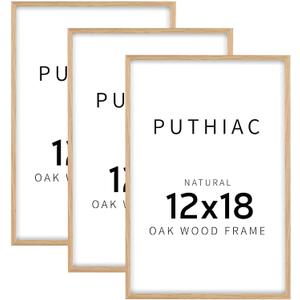 puthiac 12x18 Solid Oak Wood Picture Frame, Fits 8x12 with Mat or 12x18 Without Mat, Wall Display Only, Vertical or Horizontal, Plexi Front, 3 Pack, Natural Oak