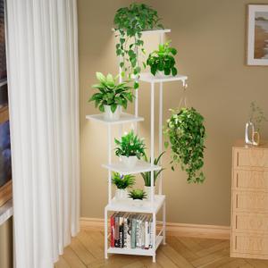 Homsorout Plant Stand Indoor with Grow Light, 6-Tiered Tall Plant Stand Indoor, Metal Plant Shelf with Hanging Basket Hook and Adjustable Light, Ideal for Living Room, Garden, Patio white