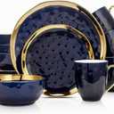 Stone Lain Porcelain 16 Piece Dinnerware Set, Service for 4, Blue and Golden Rim, Dark Blue