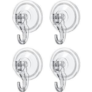 Suction Hooks 4 Packs, Clear Powerful Push and Lock Vacuum Suction Cup, Multi-Purpose Suction Shower Hooks for Front Door Window Glass Kitchen Towel Loofah Utensils (Transparent)