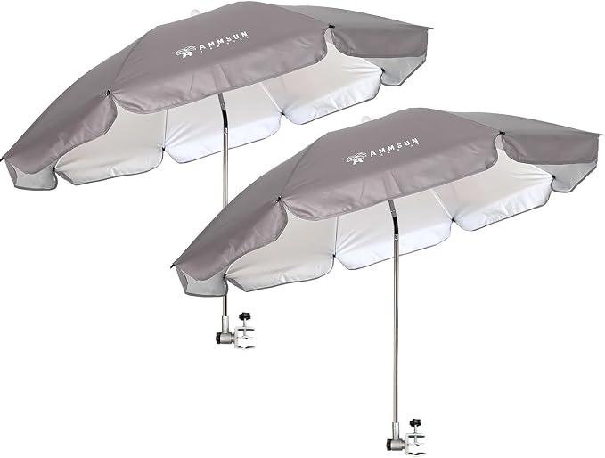 AMMSUN Chair Umbrella with Universal Clamp Adjustable 47 inches and 360° Swivel & UPF 50+ Protection Portable Sun Umbrella, Secure Clip on Camping/Beach Chairs, Stroller, Wheelchair, Golf cart, Lounger, Grey, 2 PACK