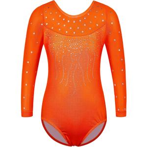 BAOHULU Gymnastics Leotards for Toddler Girls Patriotic Sparkle Red Blue Athletic Dancewear (9-10 Years, Orange 3/4 Sleeve)