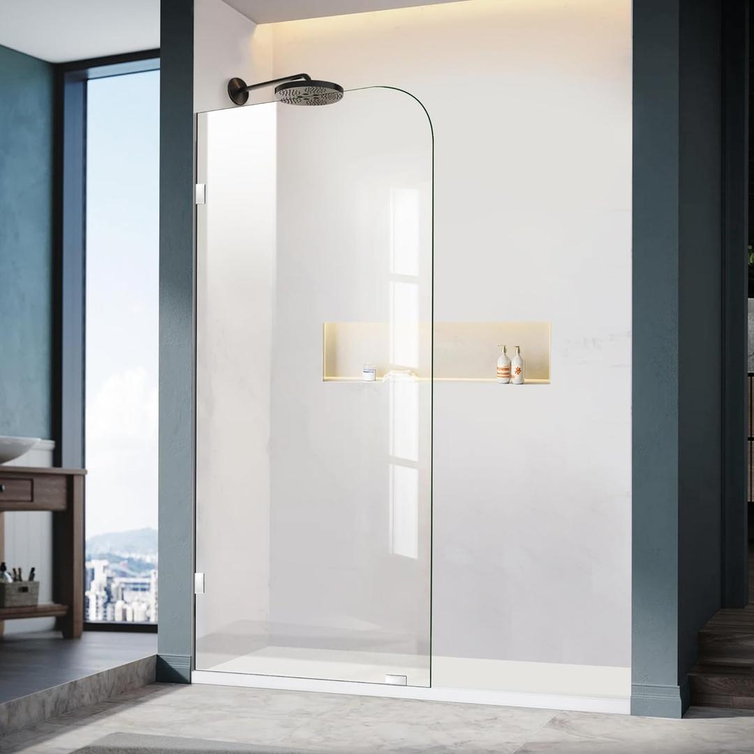 Frameless Shower Door, 36" W 78" H Fixed Shower Glass Panel with Clamps, 3/8" (10mm) Glass Shower Doors, Clear Tempered Bathroom Shower Screen in Polished Chrome Finish (Silver)