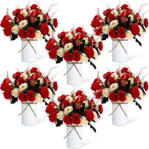 Domensi 6 Sets Wedding Centerpiece for Table Artificial Rose with Vase Fake Bouquets and Metal Pot Floral Arrangements for Mother's Day Holiday Party Event Table Decor (Red)