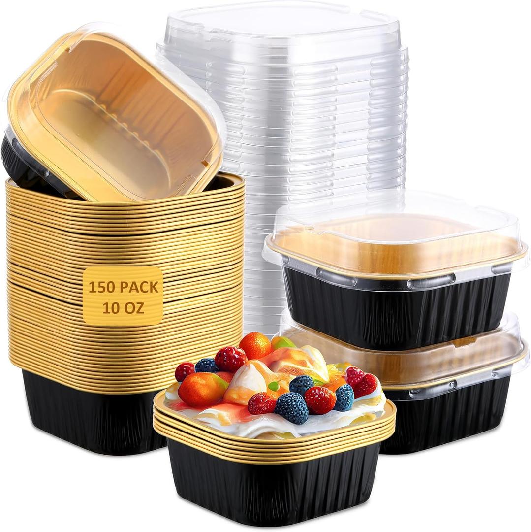 Aoriher 150 Pieces 10 oz Mini Cake Pans with Lids Aluminum Foil Baking Cups Square Disposable 4" x 4" Large Cupcake Cups Baking Tins for Kitchen Brownie Pudding Desserts Holders(Black, Gold)